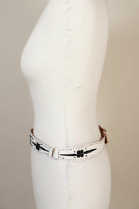 White Leather Handmade Vintage Belt - Black Embroidery - XS / S