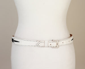 White Leather Handmade Vintage Belt - Black Embroidery - XS / S