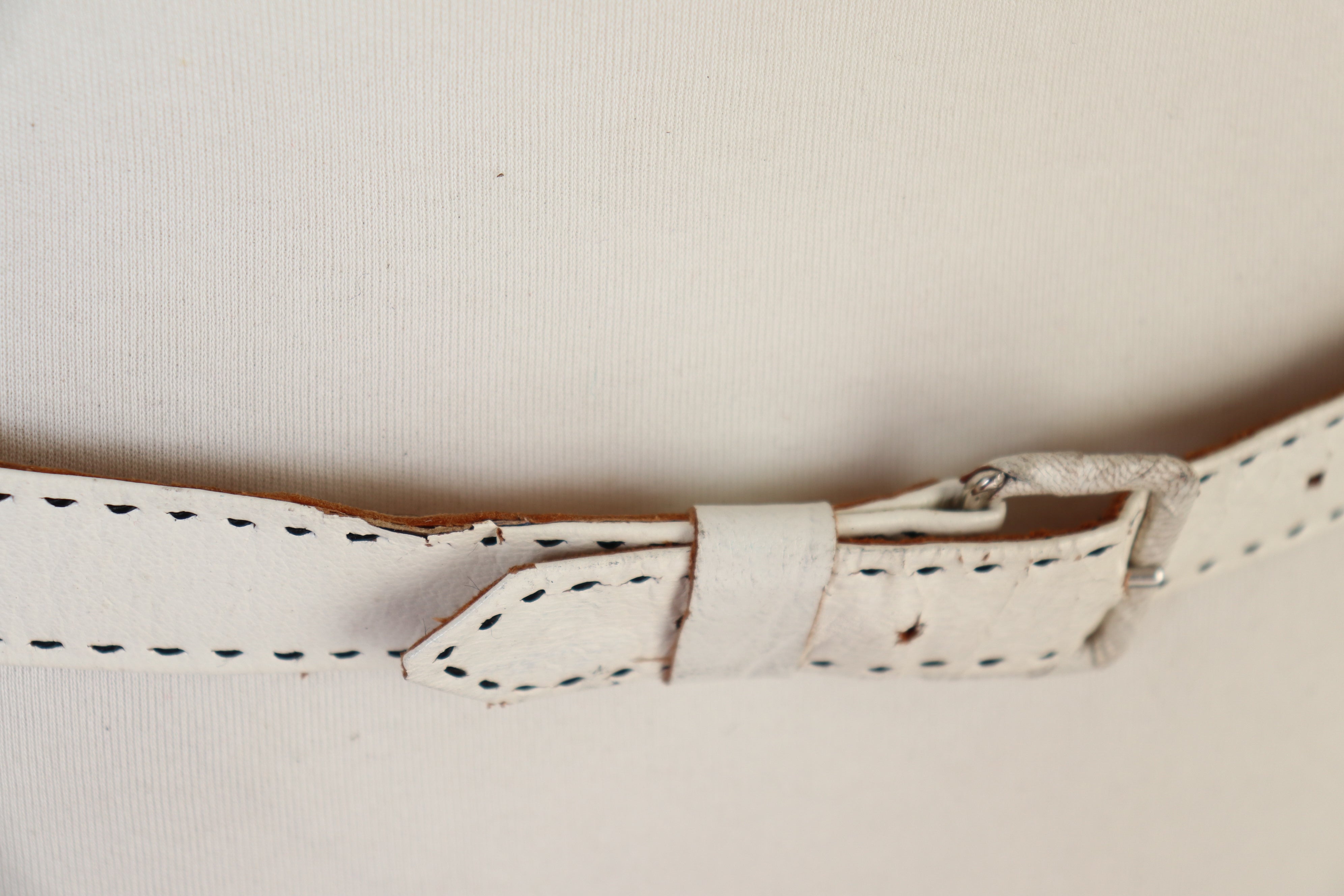 White Leather Handmade Vintage Belt - Black Embroidery - XS / S