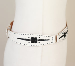 White Leather Handmade Vintage Belt - Black Embroidery - XS / S