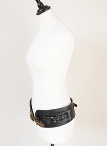 Vintage CORSET / HIPSTER Belt - Wide - Black Leather - Adjustable Medium / Small