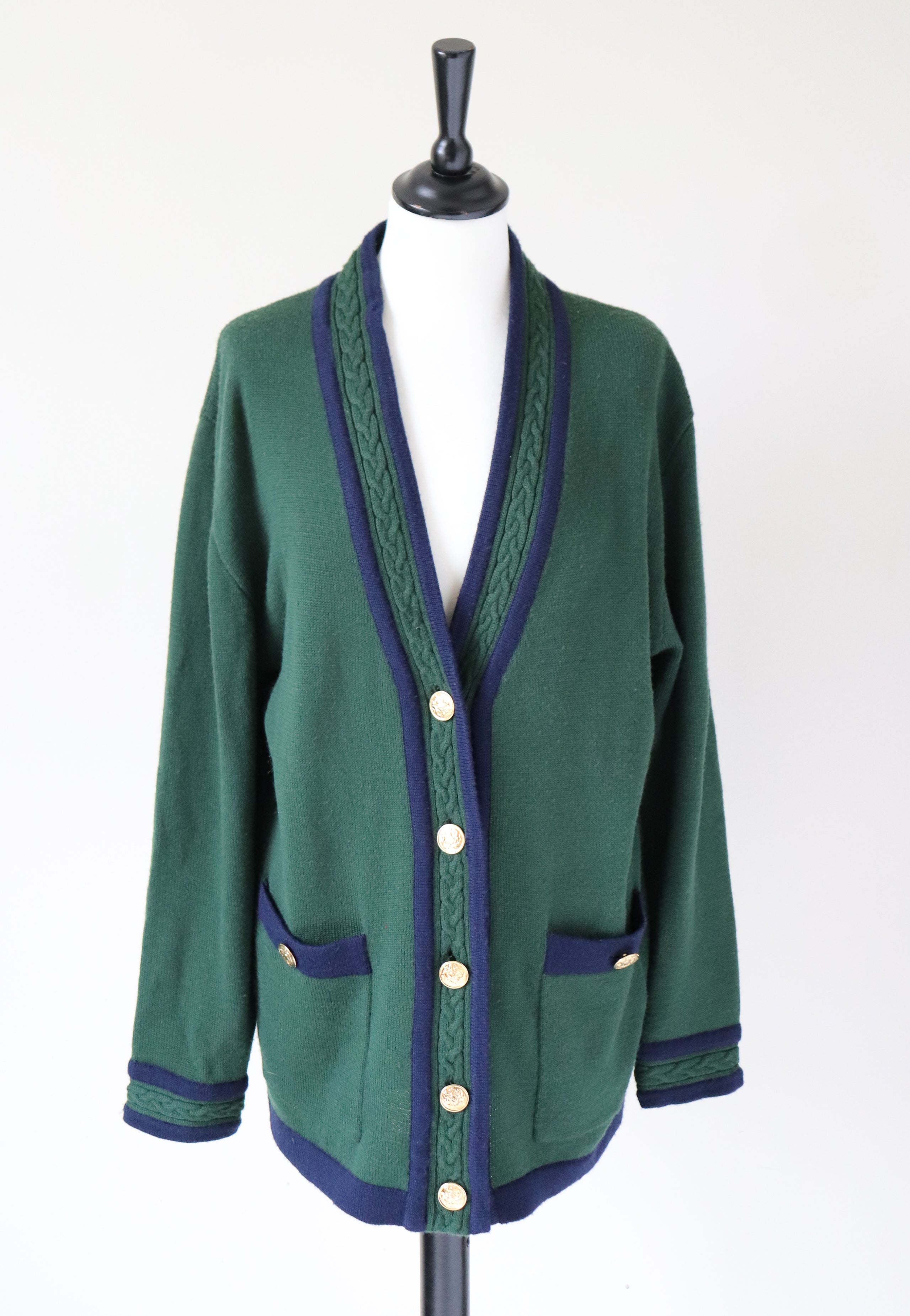 Vintage Varsity Oversized Cardigan - Green / Blue Wool Blend - L / UK 14