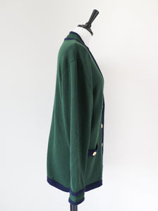 Vintage Varsity Oversized Cardigan - Green / Blue Wool Blend - L / UK 14