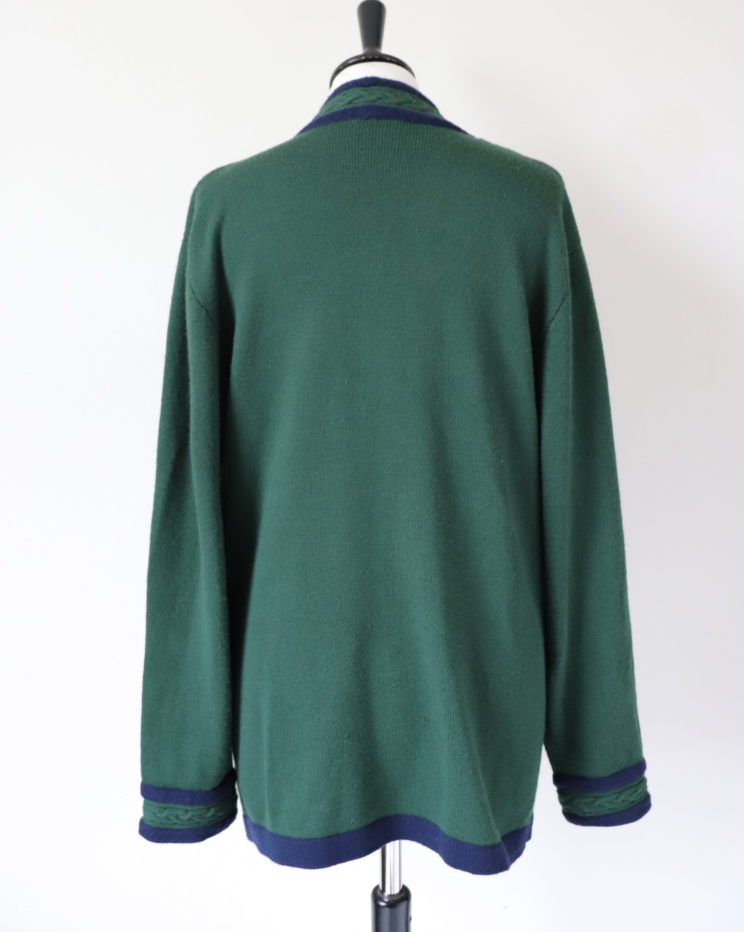 Vintage Varsity Oversized Cardigan - Green / Blue Wool Blend - L / UK 14