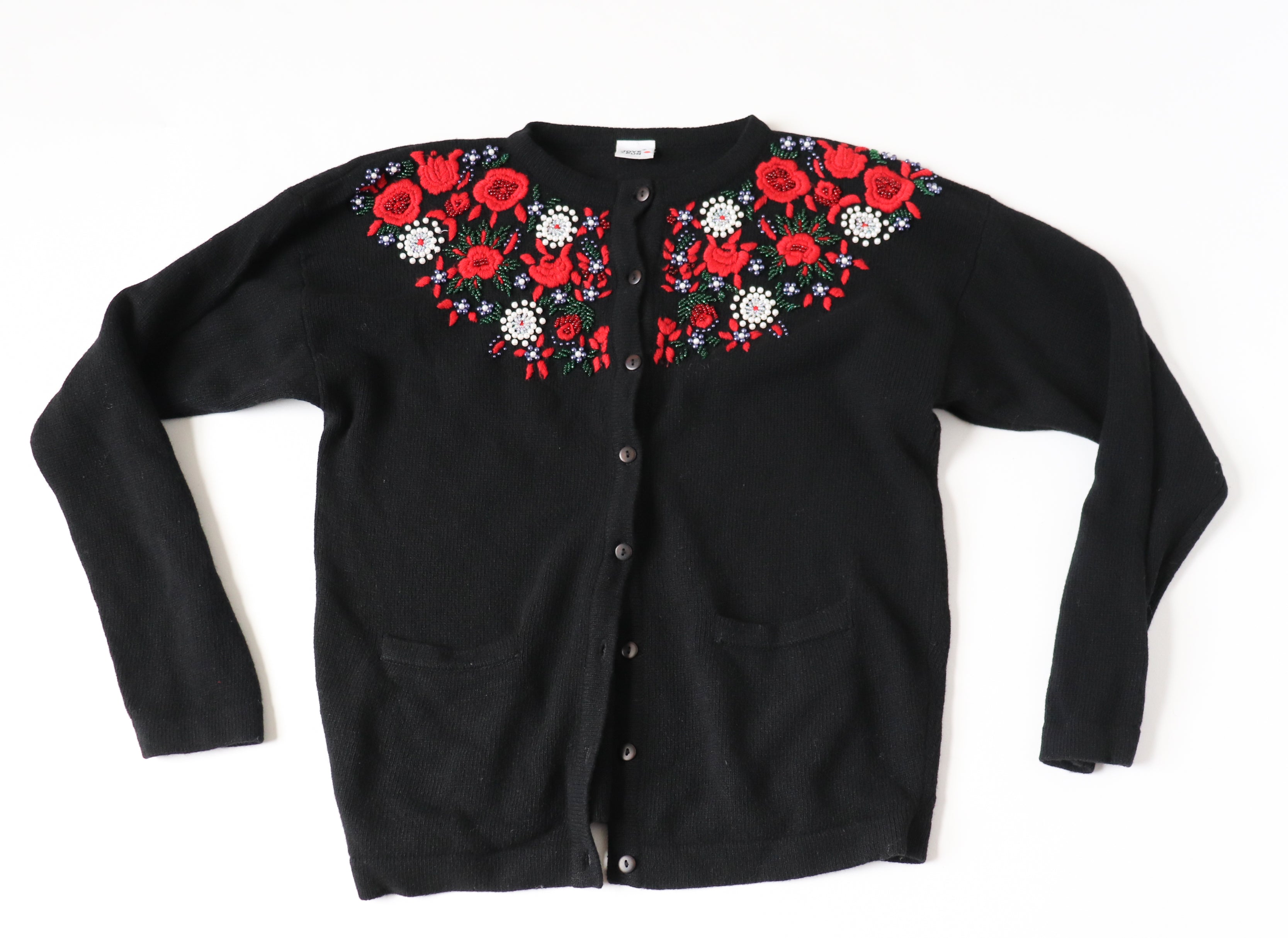 Vintage Beaded Embroidered Cardigan - Lambswool -  Black / Red - M / UK 12