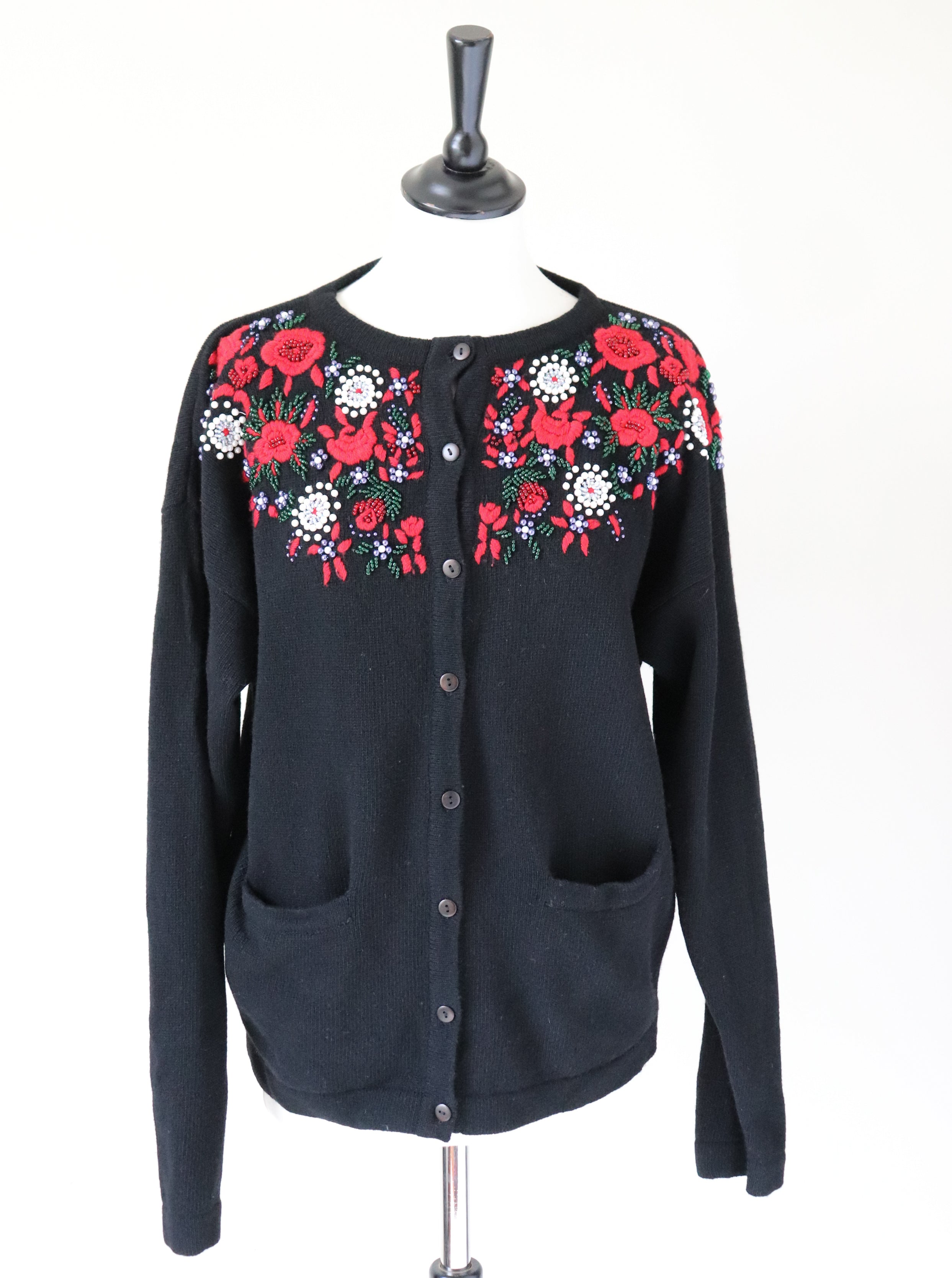 Vintage Beaded Embroidered Cardigan - Lambswool -  Black / Red - M / UK 12