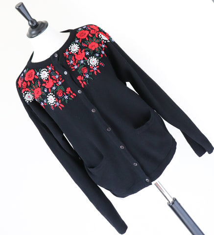 Vintage Beaded Embroidered Cardigan - Lambswool -  Black / Red - M / UK 12
