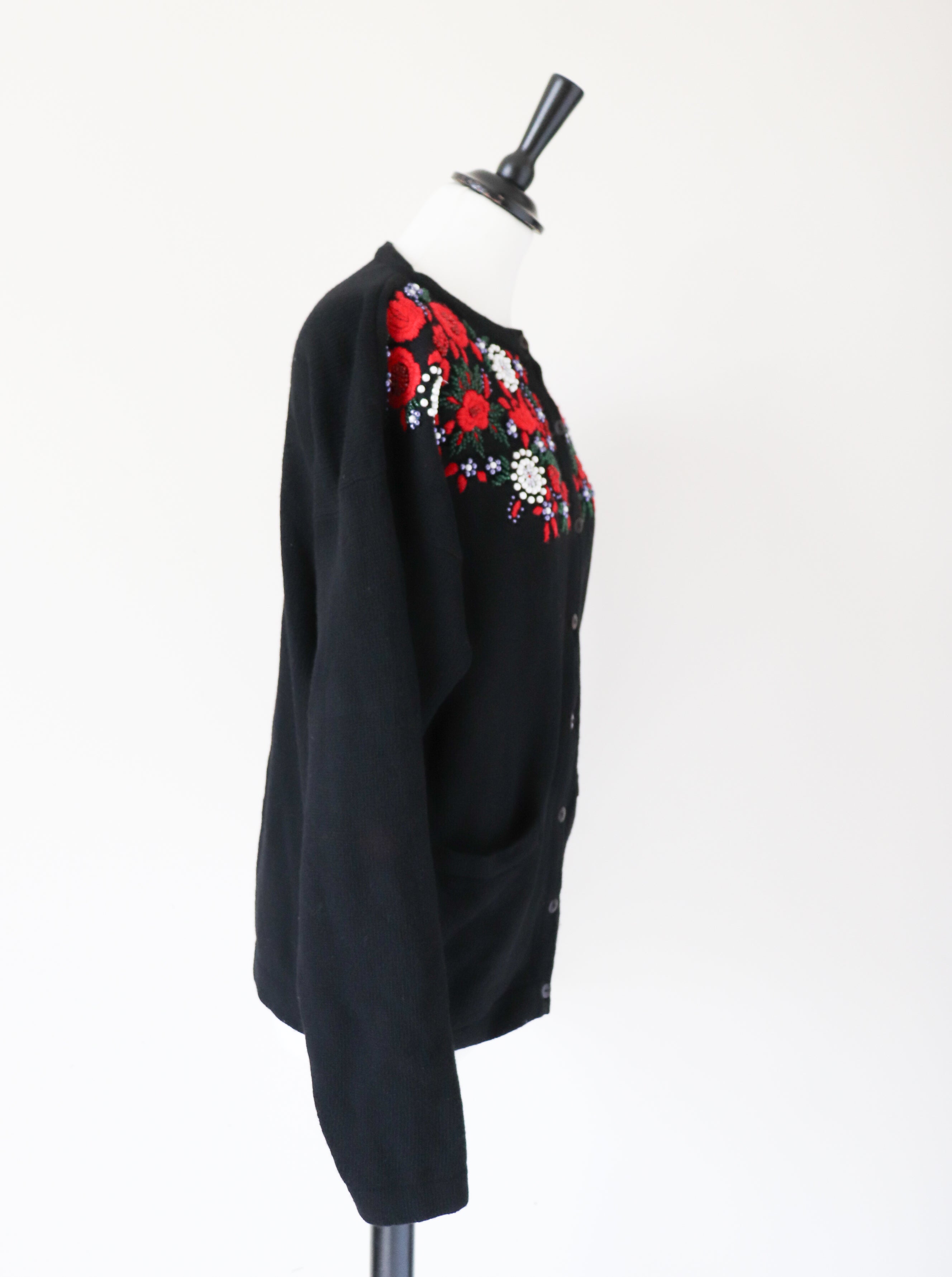 Vintage Beaded Embroidered Cardigan - Lambswool -  Black / Red - M / UK 12