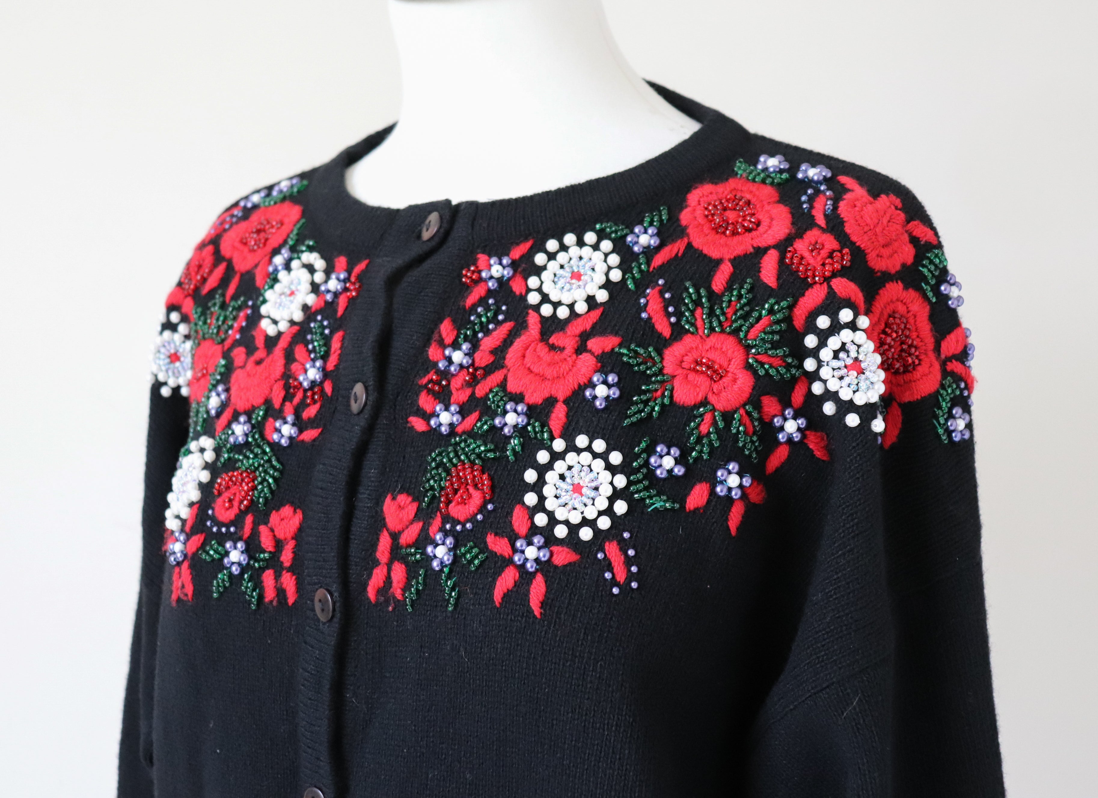 Vintage Beaded Embroidered Cardigan - Lambswool -  Black / Red - M / UK 12