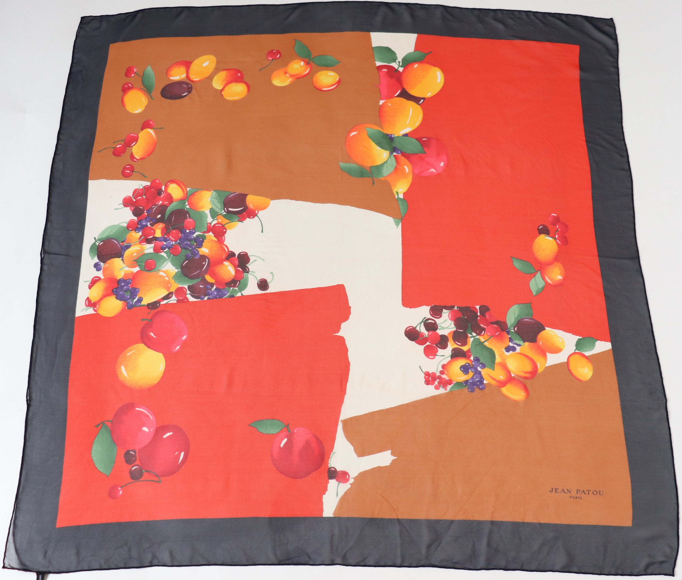 Jean Patou Vintage Chiffon Silk Scarf - Red / Blue Multicolours / Fruits  -  LARGE