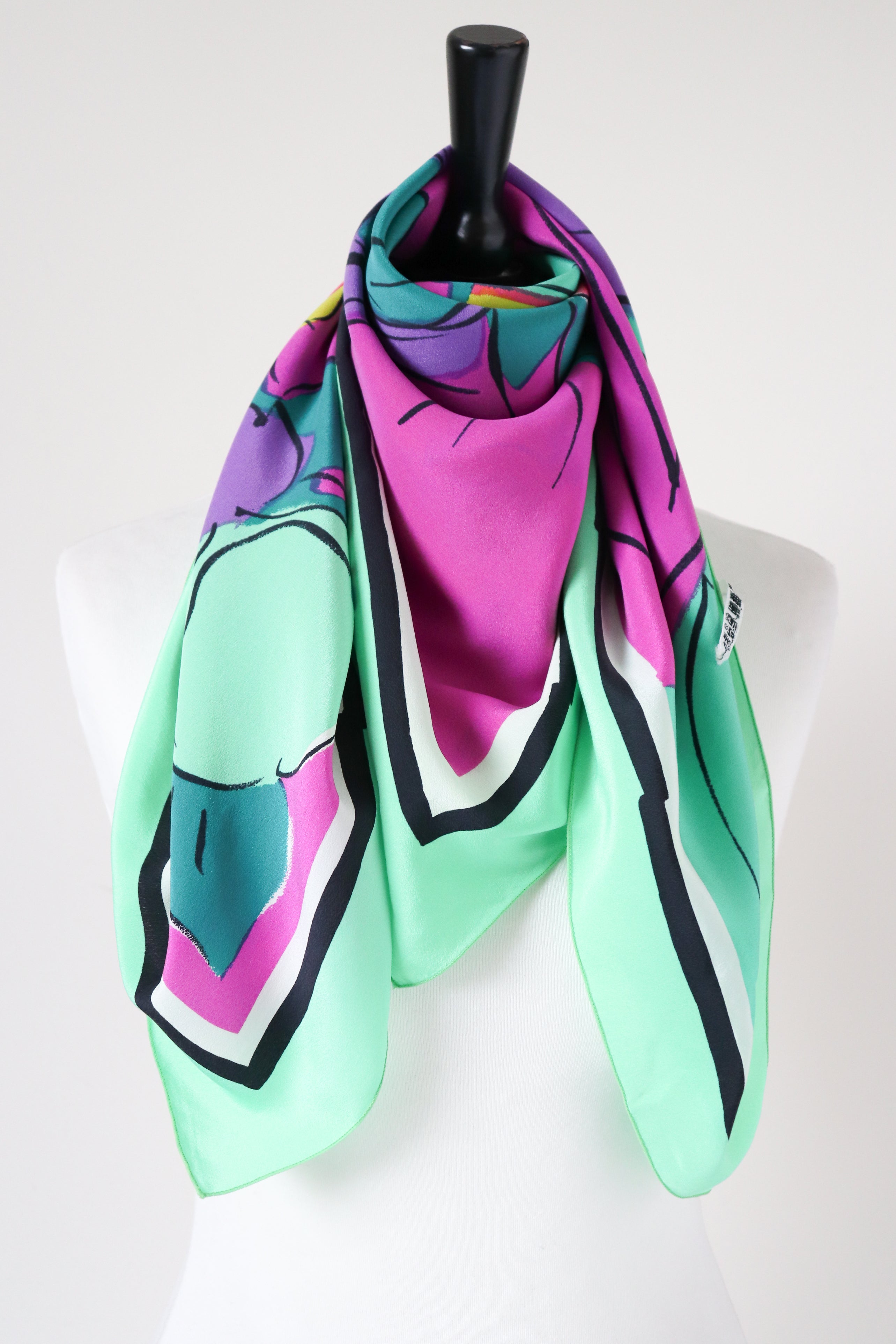 Brushstroke Art  / Sketch Print Vintage Silk Scarf - Green / Multicolours - LARGE