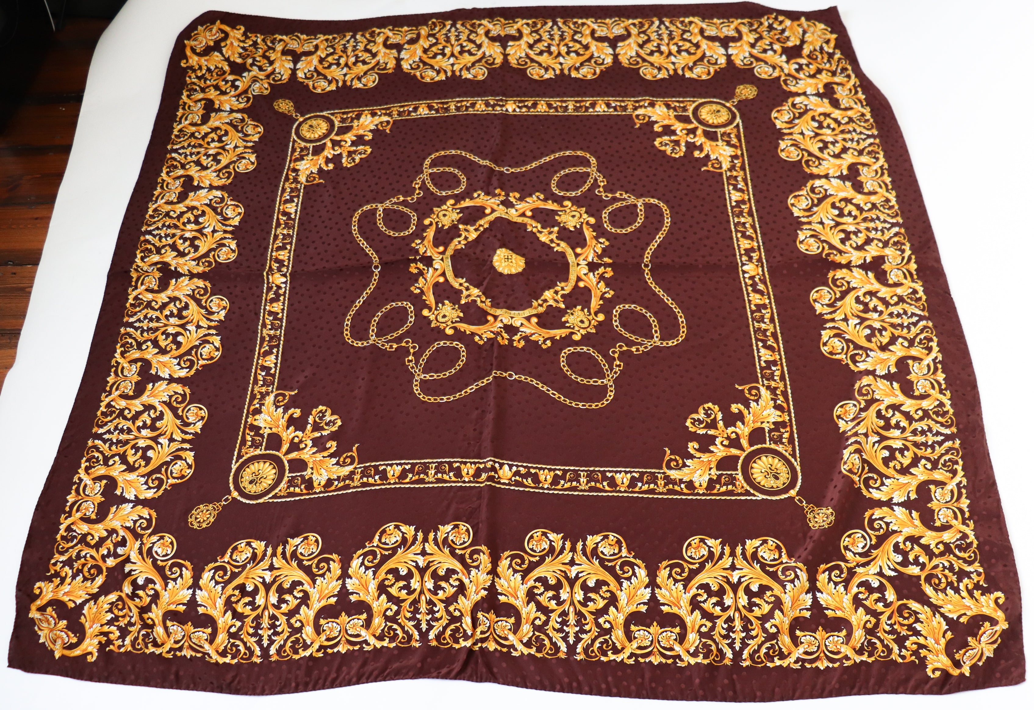 Vintage Silk Shawl - 1990s Baroque Scarf - Brown / Gold - X LARGE