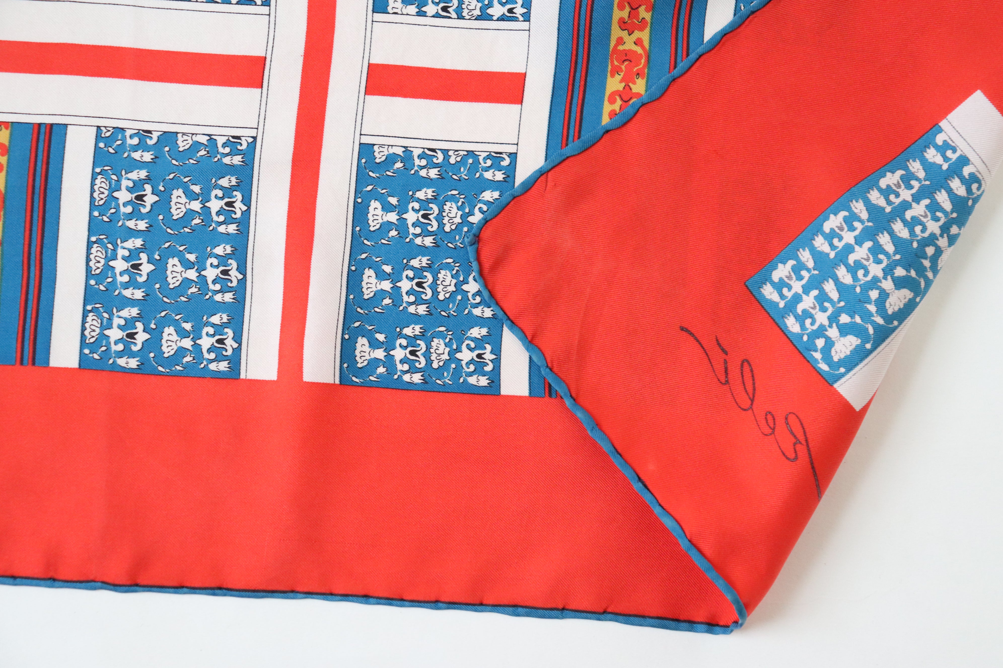 Reli Vintage Silk Scarf - Checked / Striped - Red / Blue - LARGE