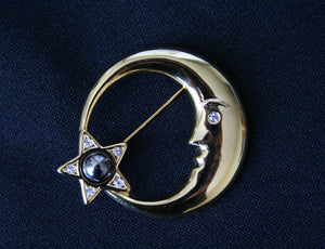 80s 'moon & pearl star' gilt vintage brooch