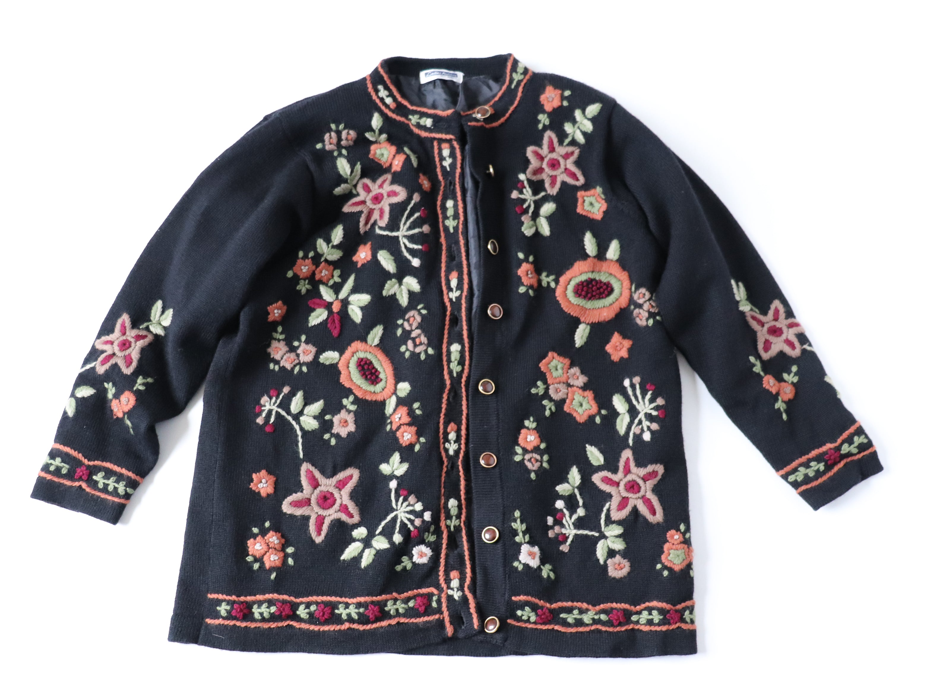 Crewel Work Embroidered Black Cardigan - Wool - Fit M / UK 12