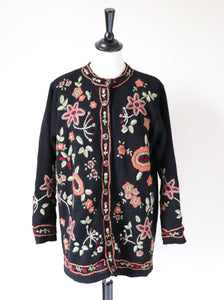 Crewel Work Embroidered Black Cardigan - Wool - Fit M / UK 12