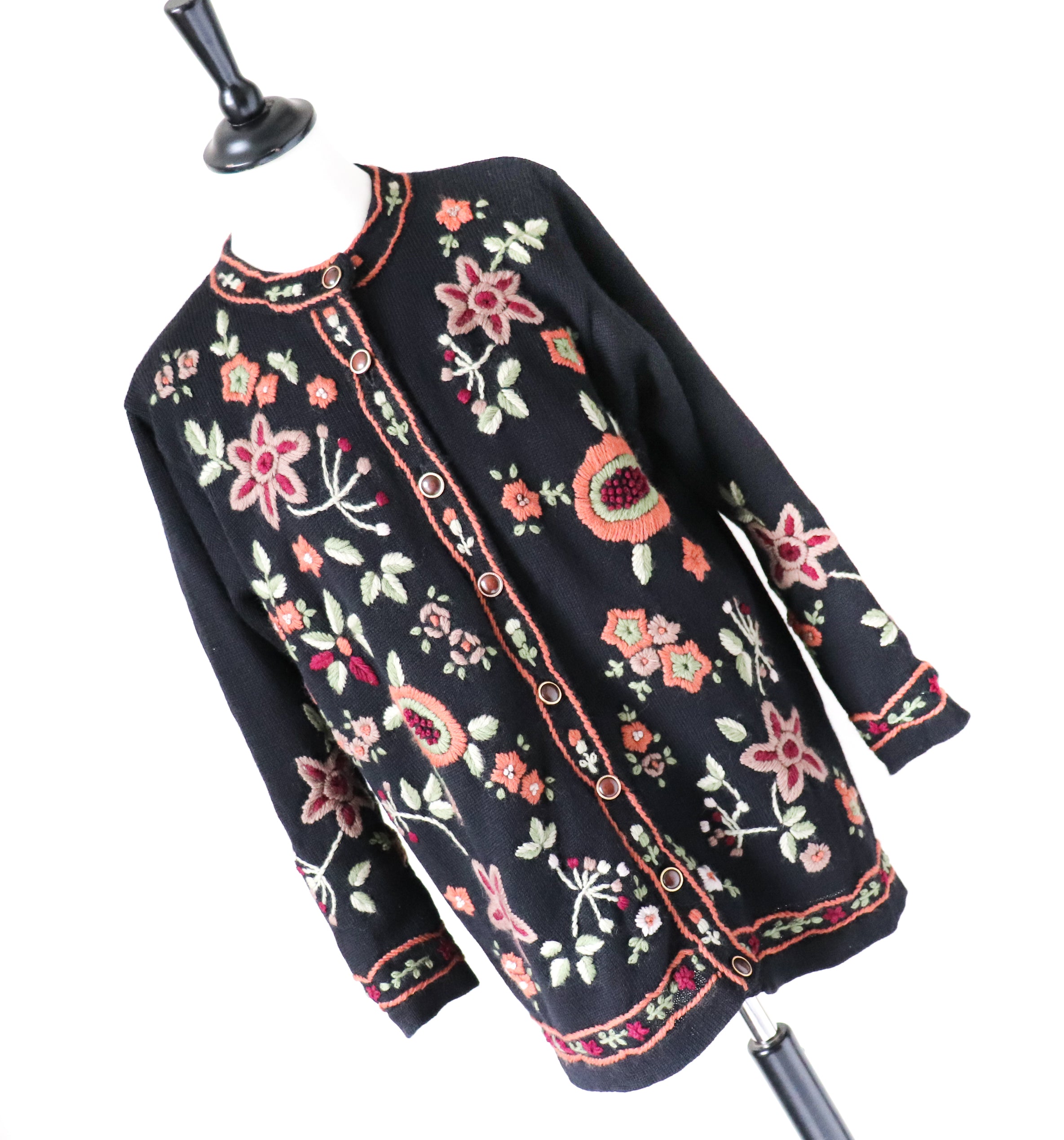 Crewel Work Embroidered Black Cardigan - Wool - Fit M / UK 12