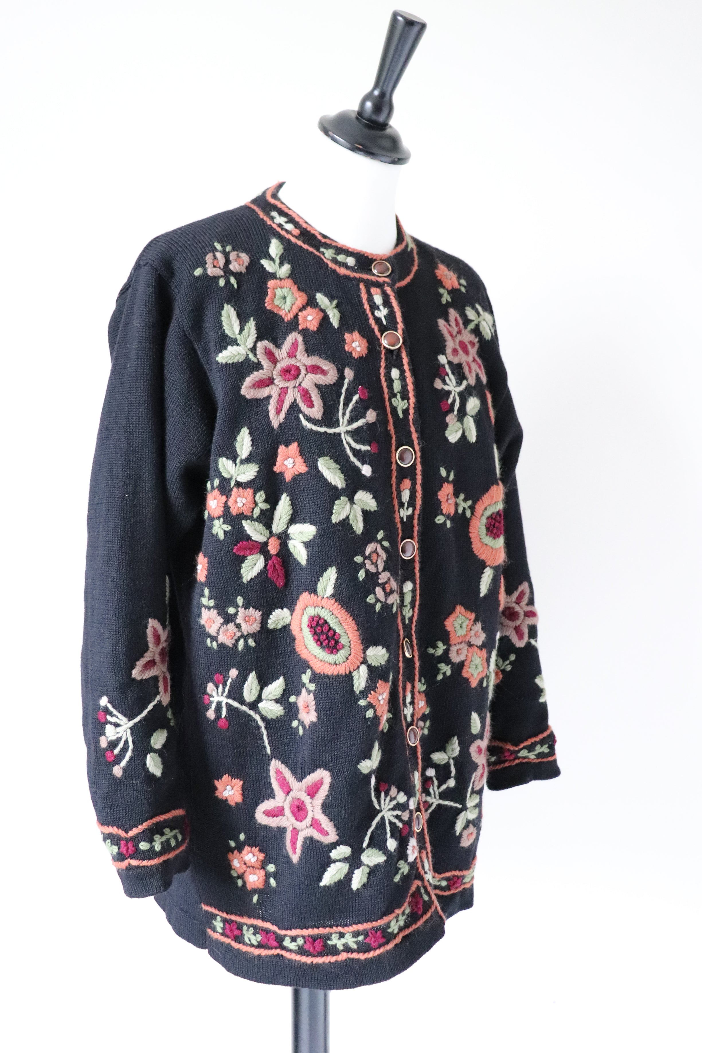 Crewel Work Embroidered Black Cardigan - Wool - Fit M / UK 12