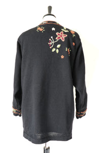 Crewel Work Embroidered Black Cardigan - Wool - Fit M / UK 12