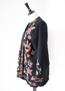 Crewel Work Embroidered Black Cardigan - Wool - Fit M / UK 12