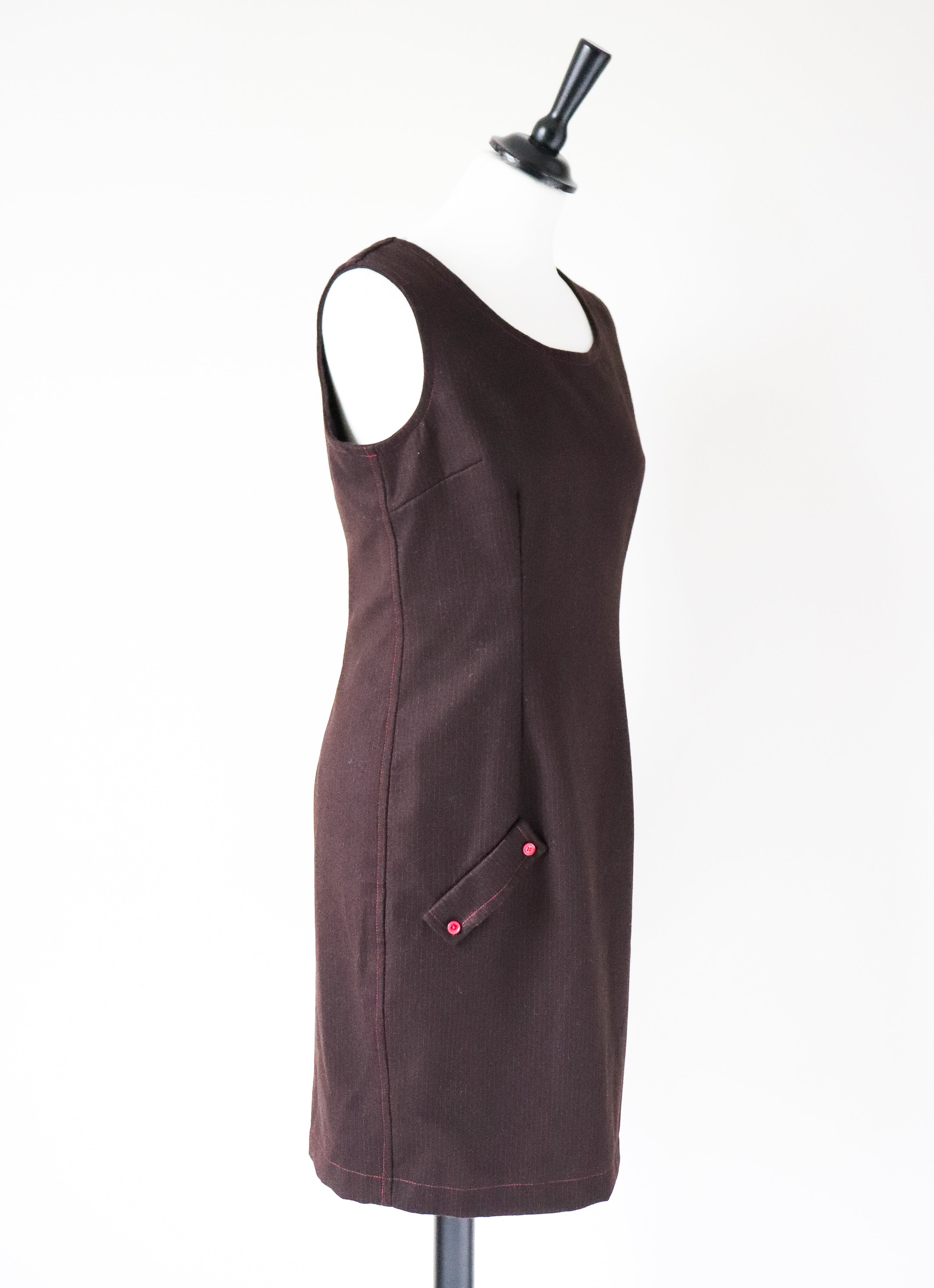 Sleeveless Shift Dress - Vintage 1980s - Pinafore Brown Pinstripe - XS / S - UK 8 / 10