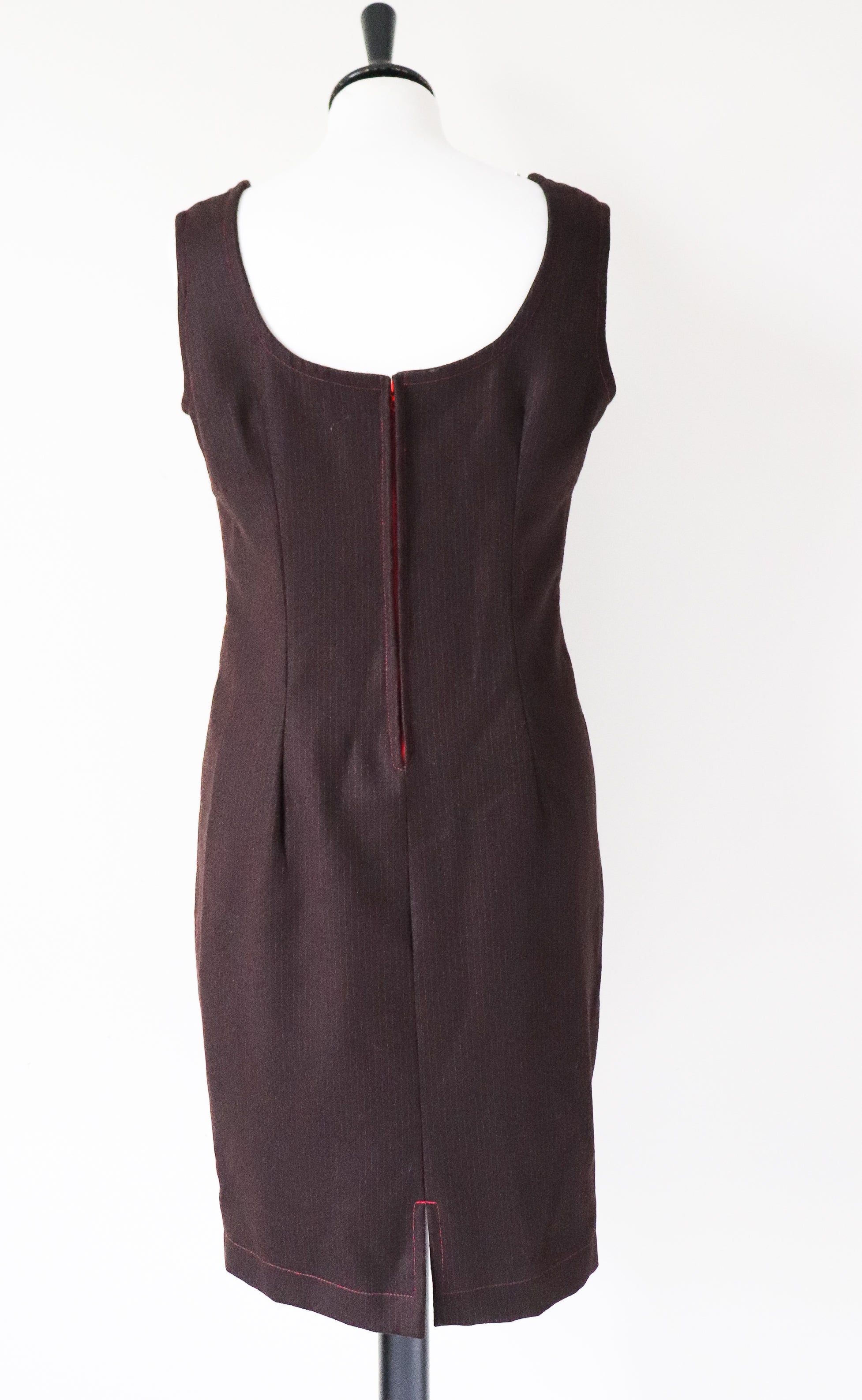 Sleeveless Shift Dress - Vintage 1980s - Pinafore Brown Pinstripe - XS / S - UK 8 / 10