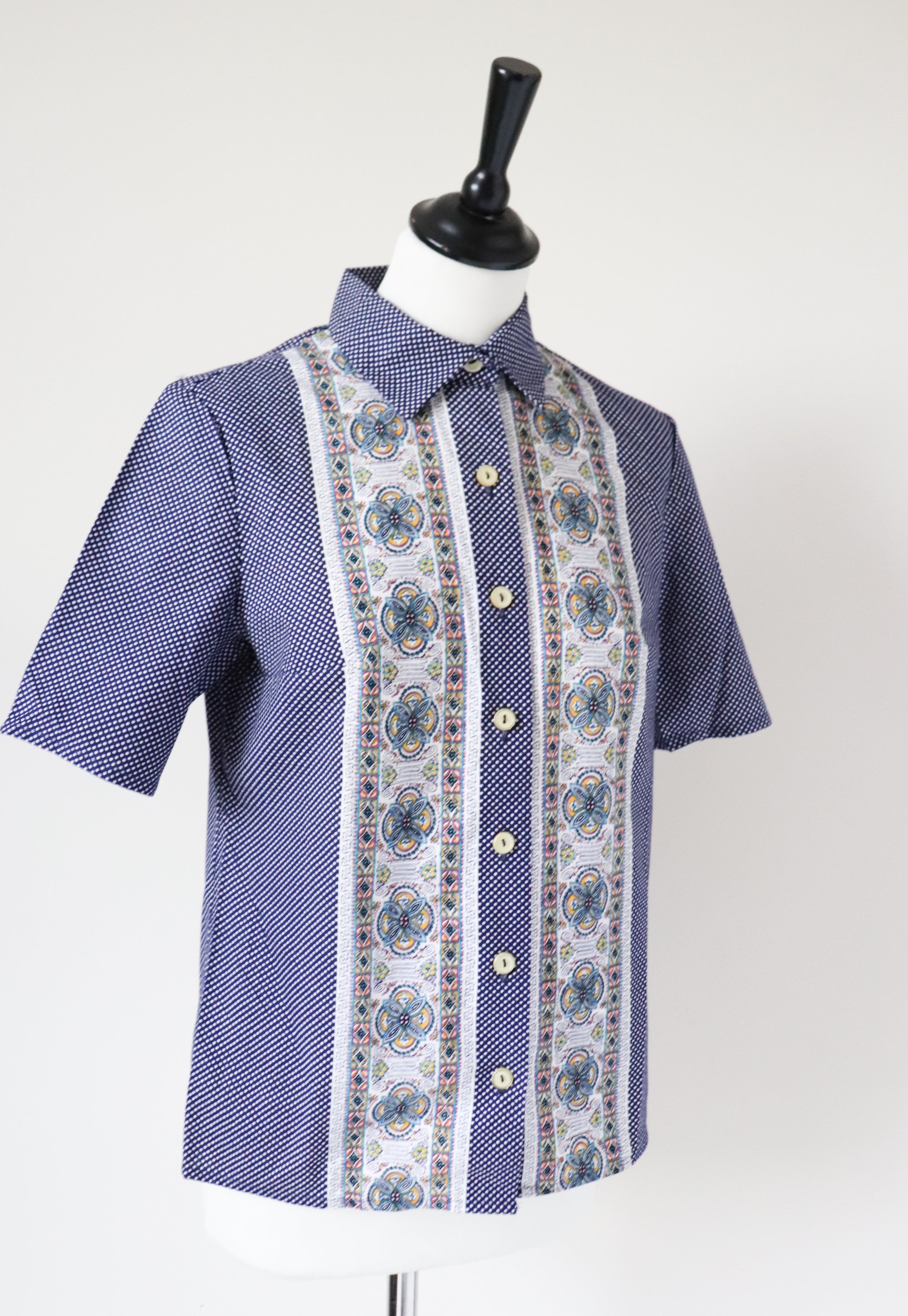 Vintage 1970s Cotton Shirt / Blouse - Short Sleeve - Blue Spotted  - S / UK 10