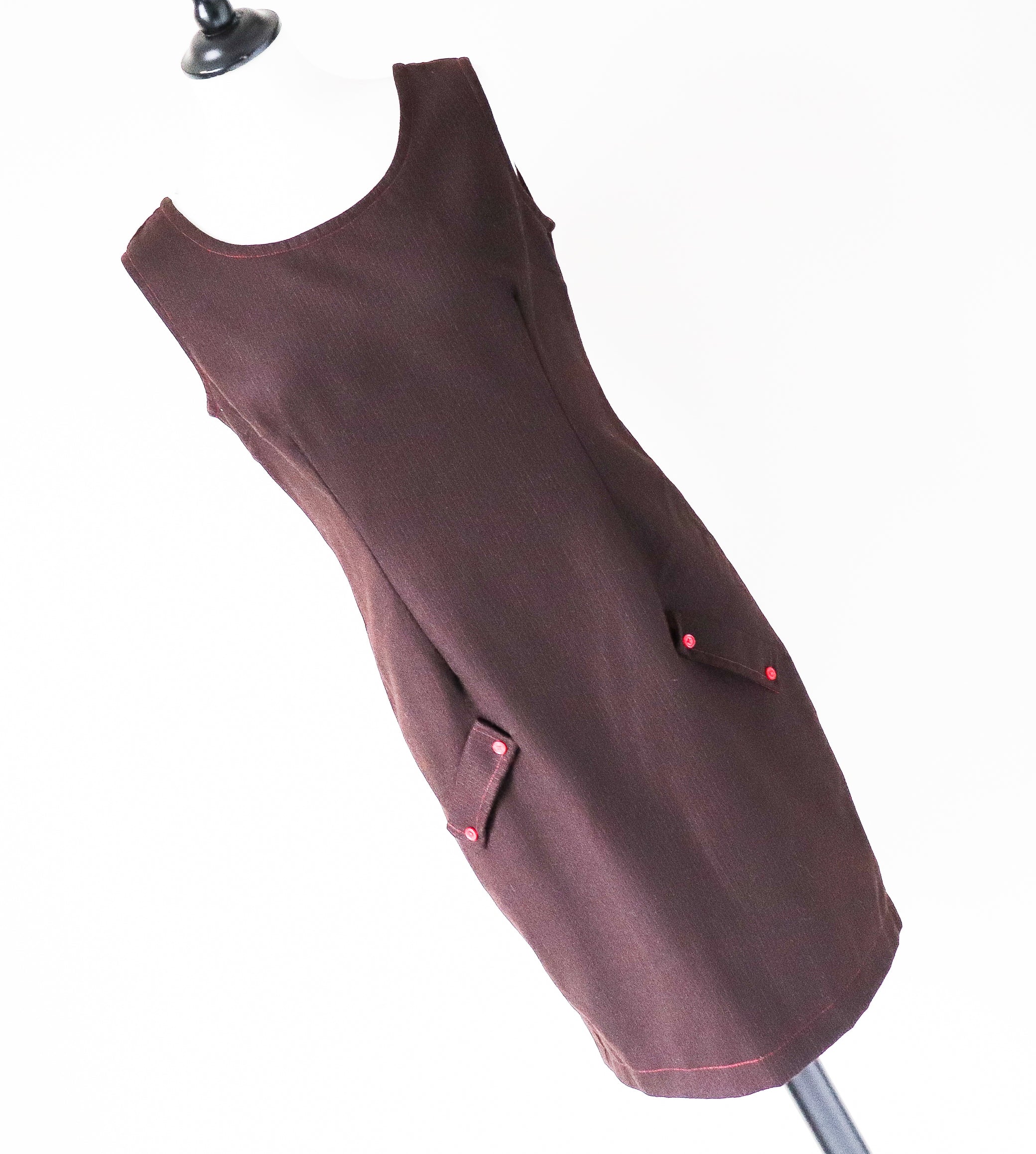 Sleeveless Shift Dress - Vintage 1980s - Pinafore Brown Pinstripe - XS / S - UK 8 / 10