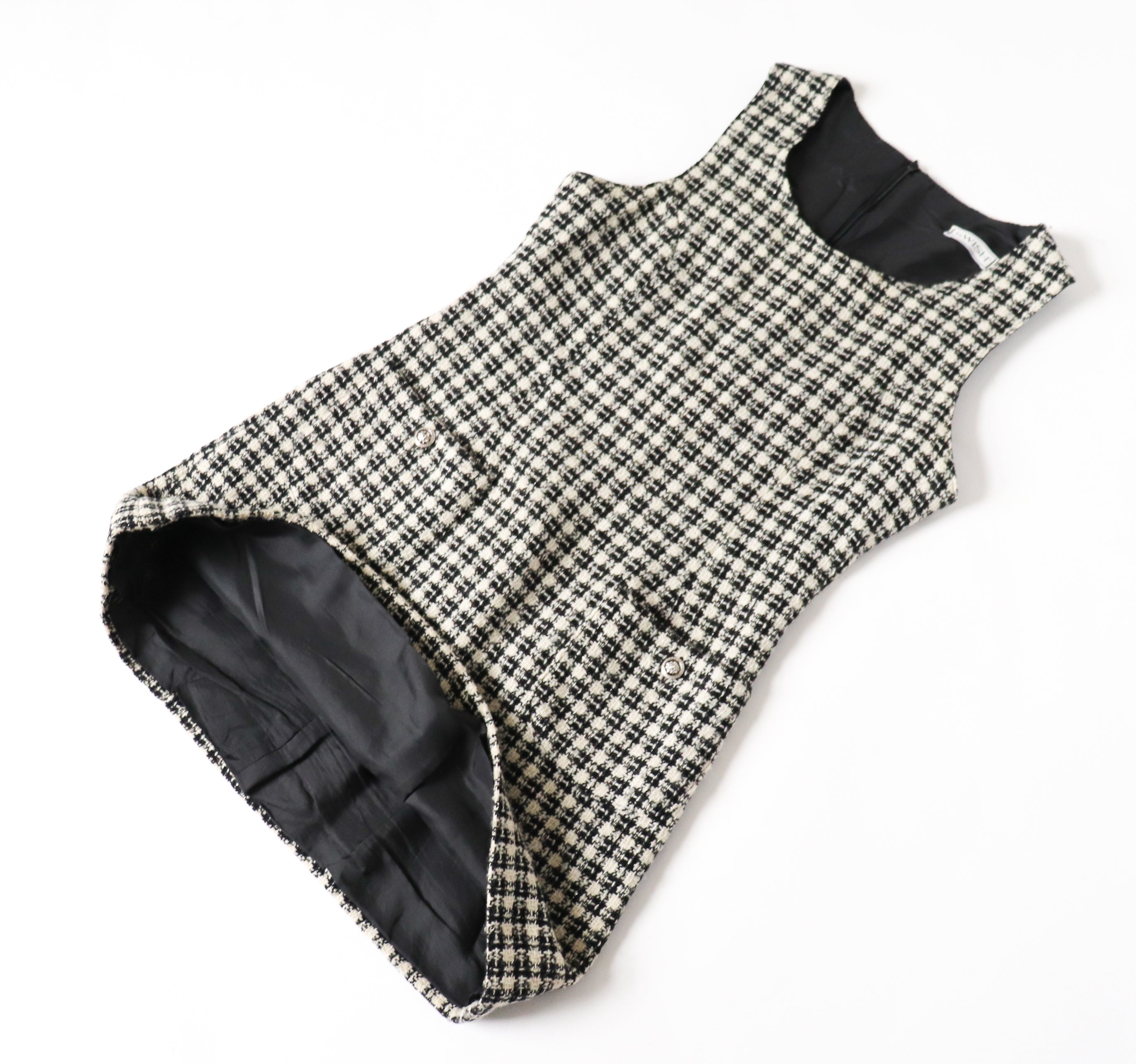 Tweed Shift Dress - Sleeveless Pinafore - Houndstooth Cream / Black - M / UK 12