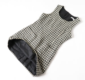 Tweed Shift Dress - Sleeveless Pinafore - Houndstooth Cream / Black - M / UK 12