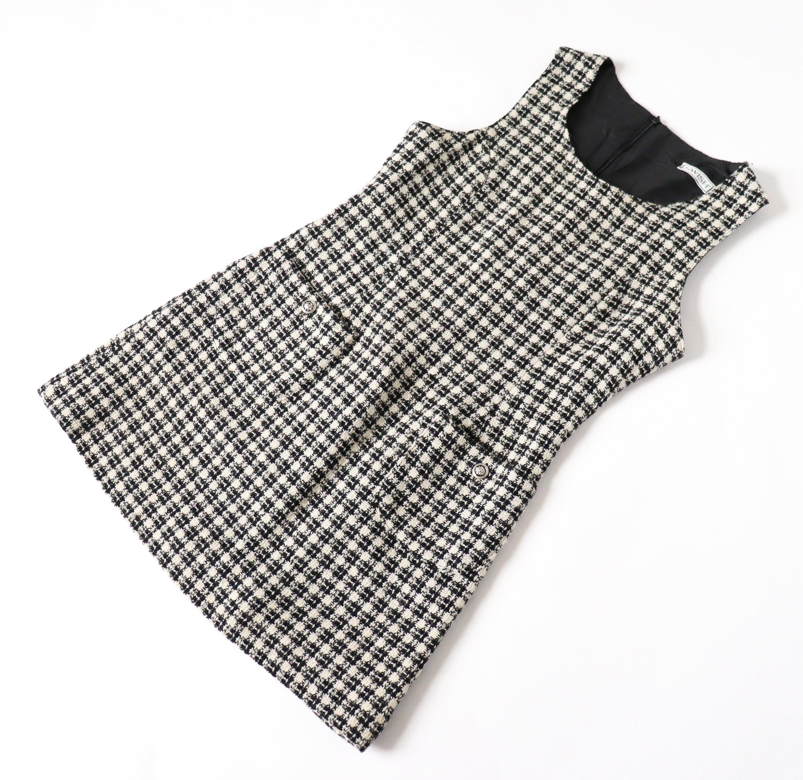 Tweed Shift Dress - Sleeveless Pinafore - Houndstooth Cream / Black - M / UK12