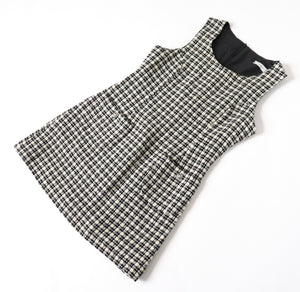 Tweed Shift Dress - Sleeveless Pinafore - Houndstooth Cream / Black - M / UK 12