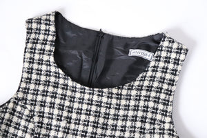Tweed Shift Dress - Sleeveless Pinafore - Houndstooth Cream / Black - M / UK 12