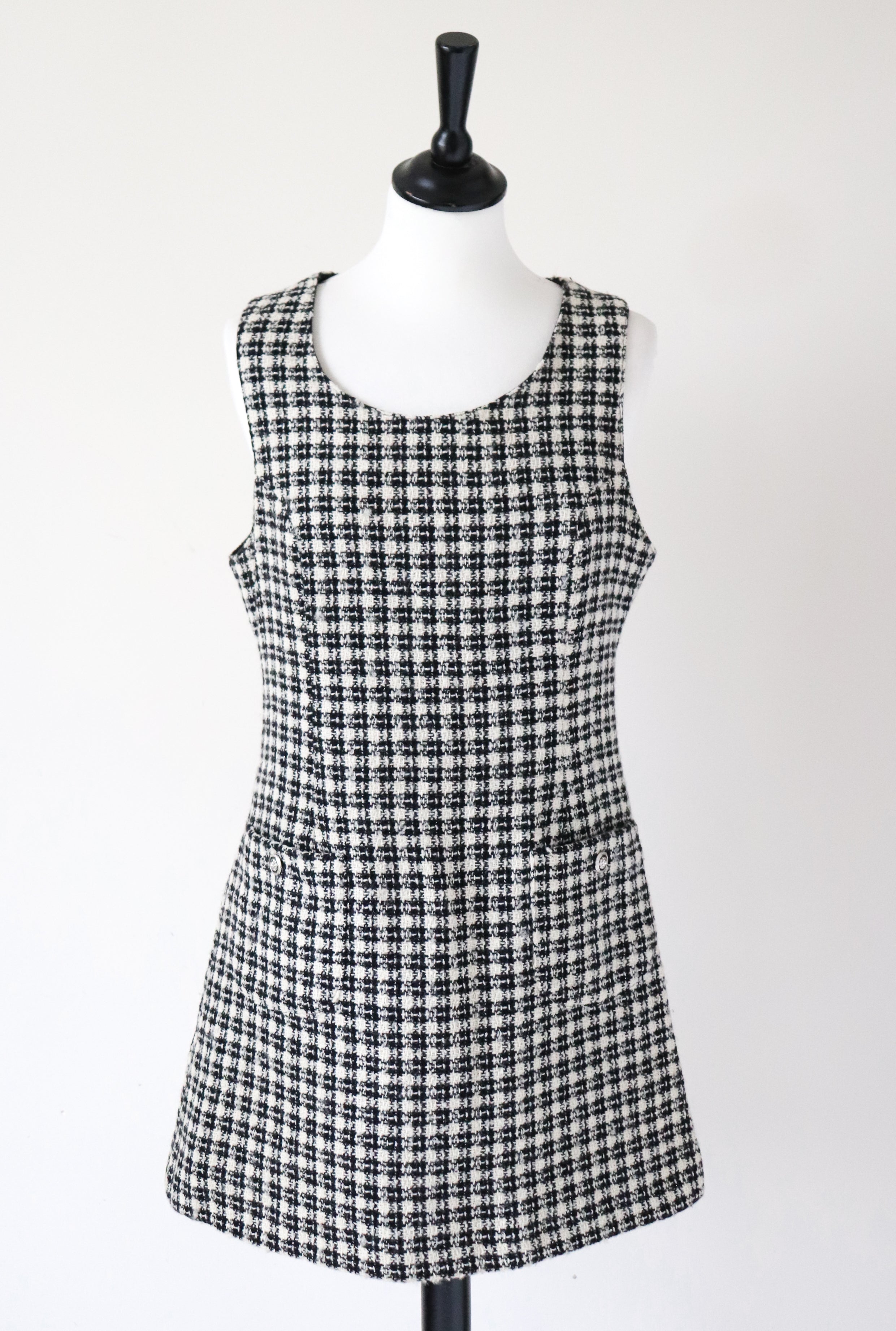 Tweed Shift Dress - Sleeveless Pinafore - Houndstooth Cream / Black - M / UK12