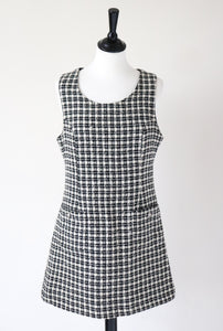 Tweed Shift Dress - Sleeveless Pinafore - Houndstooth Cream / Black - M / UK12