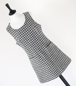 Tweed Shift Dress - Sleeveless Pinafore - Houndstooth Cream / Black - M / UK12