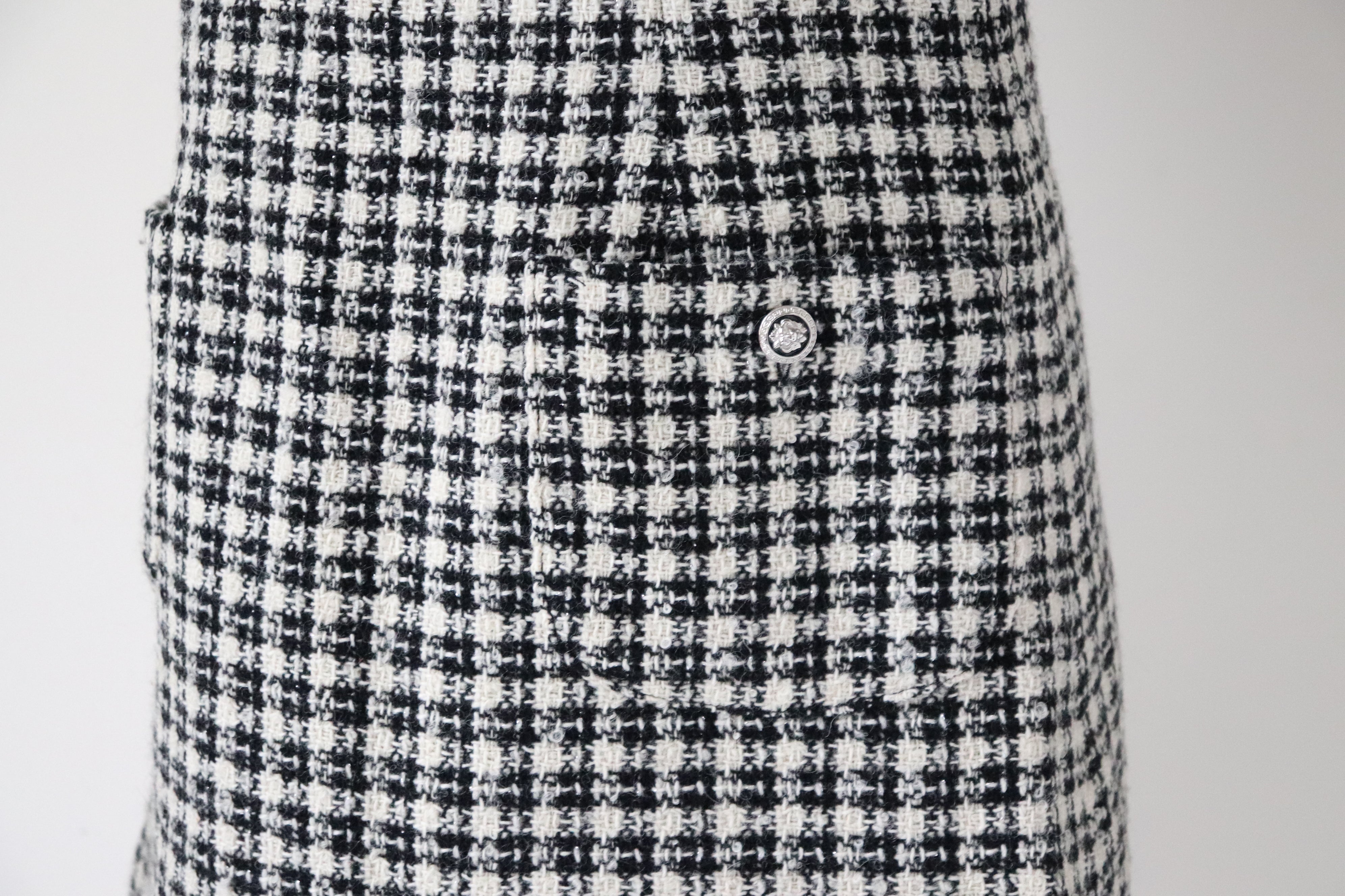 Tweed Shift Dress - Sleeveless Pinafore - Houndstooth Cream / Black - M / UK 12