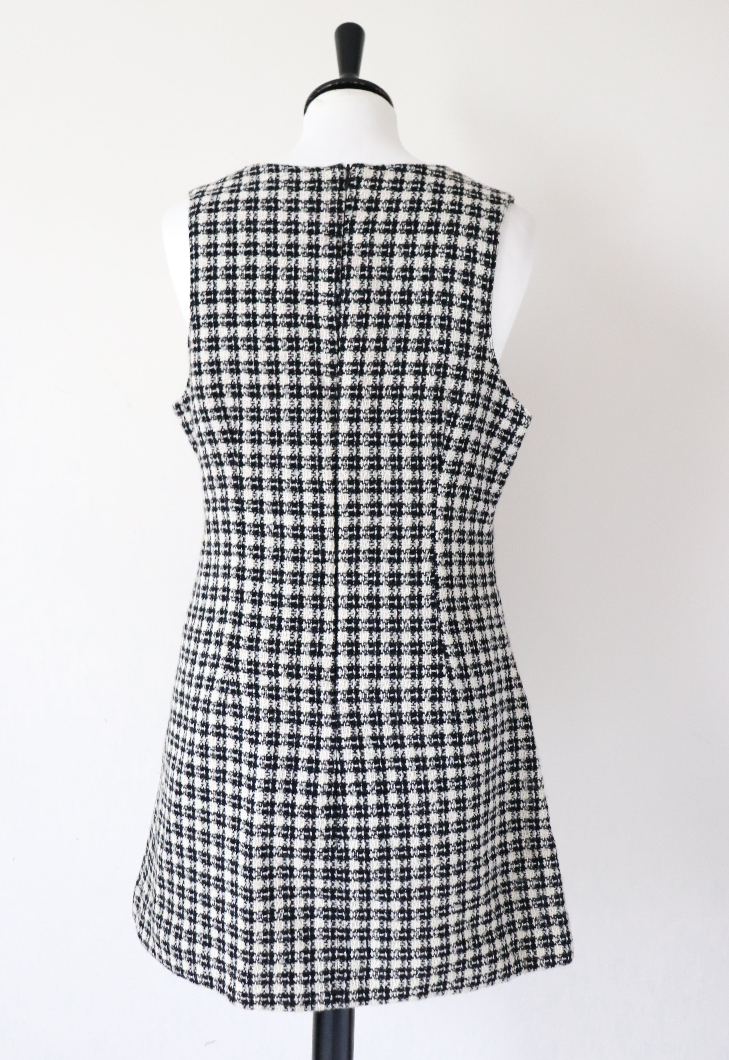 Tweed Shift Dress - Sleeveless Pinafore - Houndstooth Cream / Black - M / UK12