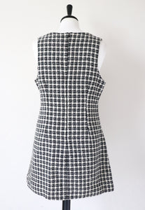 Tweed Shift Dress - Sleeveless Pinafore - Houndstooth Cream / Black - M / UK12