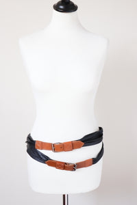 Double Strand  Leather 1980s Vintage Belt -  Punk Style - Wide - Small / Medium