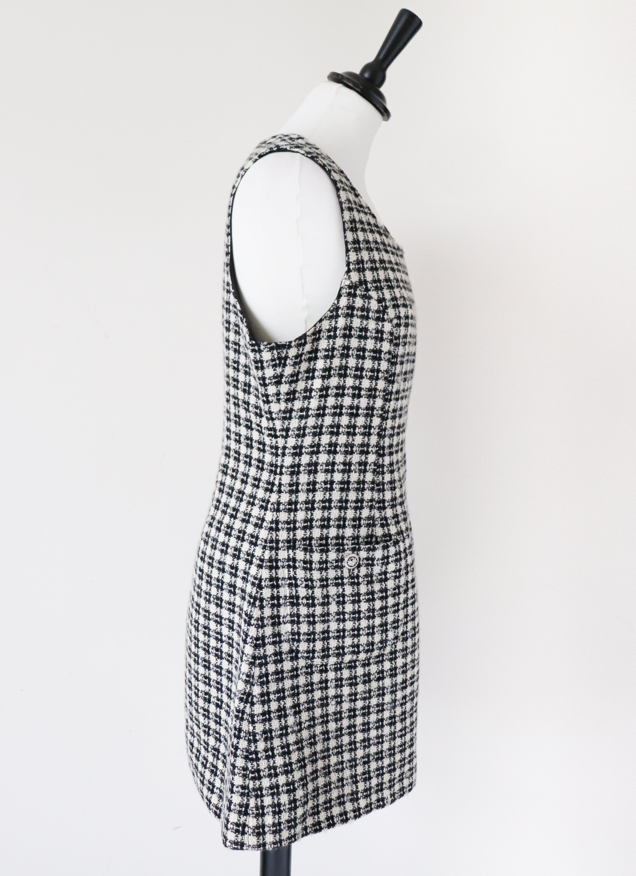 Tweed Shift Dress - Sleeveless Pinafore - Houndstooth Cream / Black - M / UK 12