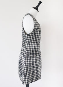 Tweed Shift Dress - Sleeveless Pinafore - Houndstooth Cream / Black - M / UK12