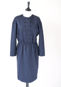 Elastic Waist Vintage Dress - Long Sleeve - 1980s - Grey Blue Pinstripe - M / UK 12