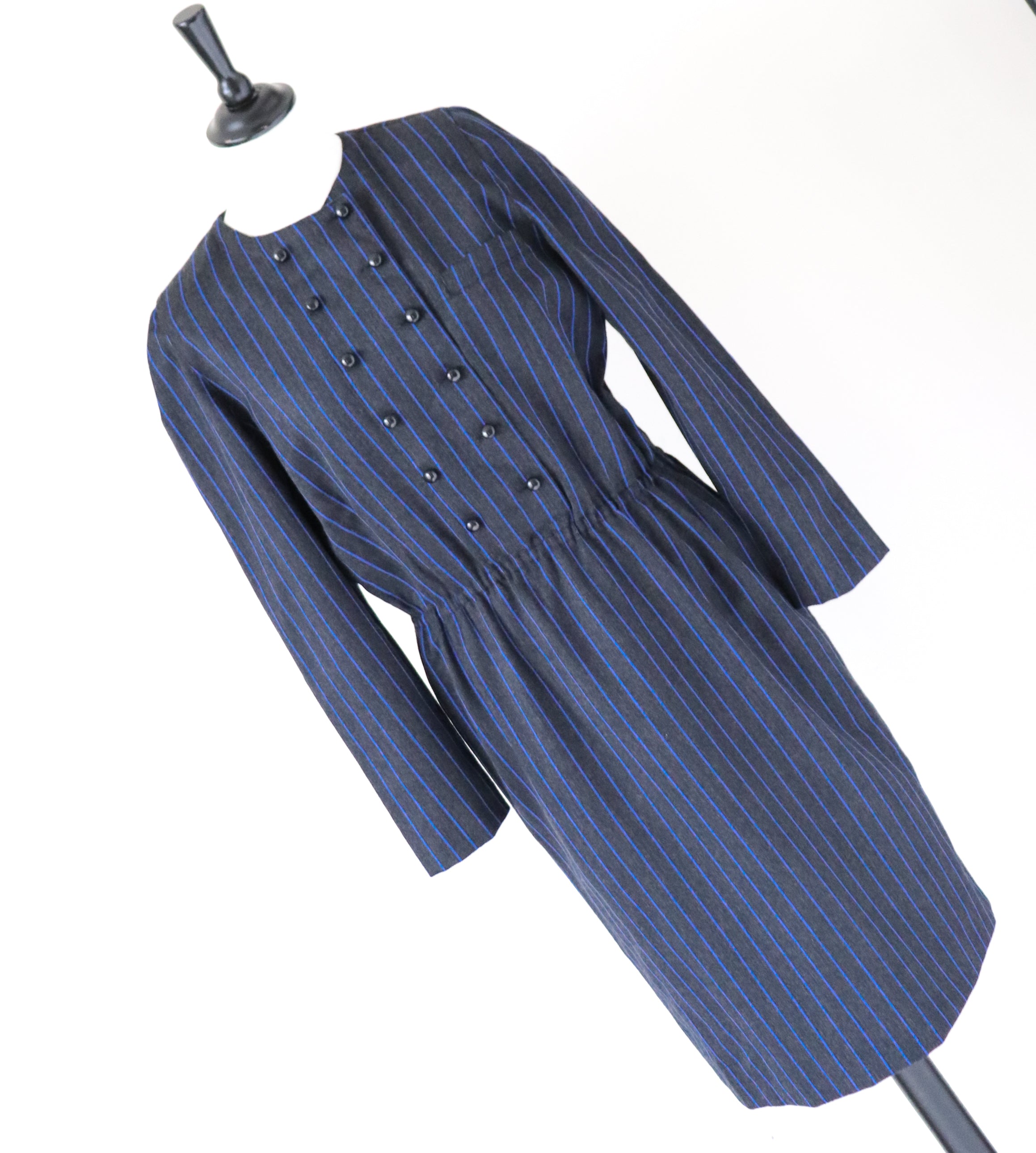 Elastic Waist Vintage Dress - Long Sleeve - 1980s - Grey Blue Pinstripe - M / UK 12