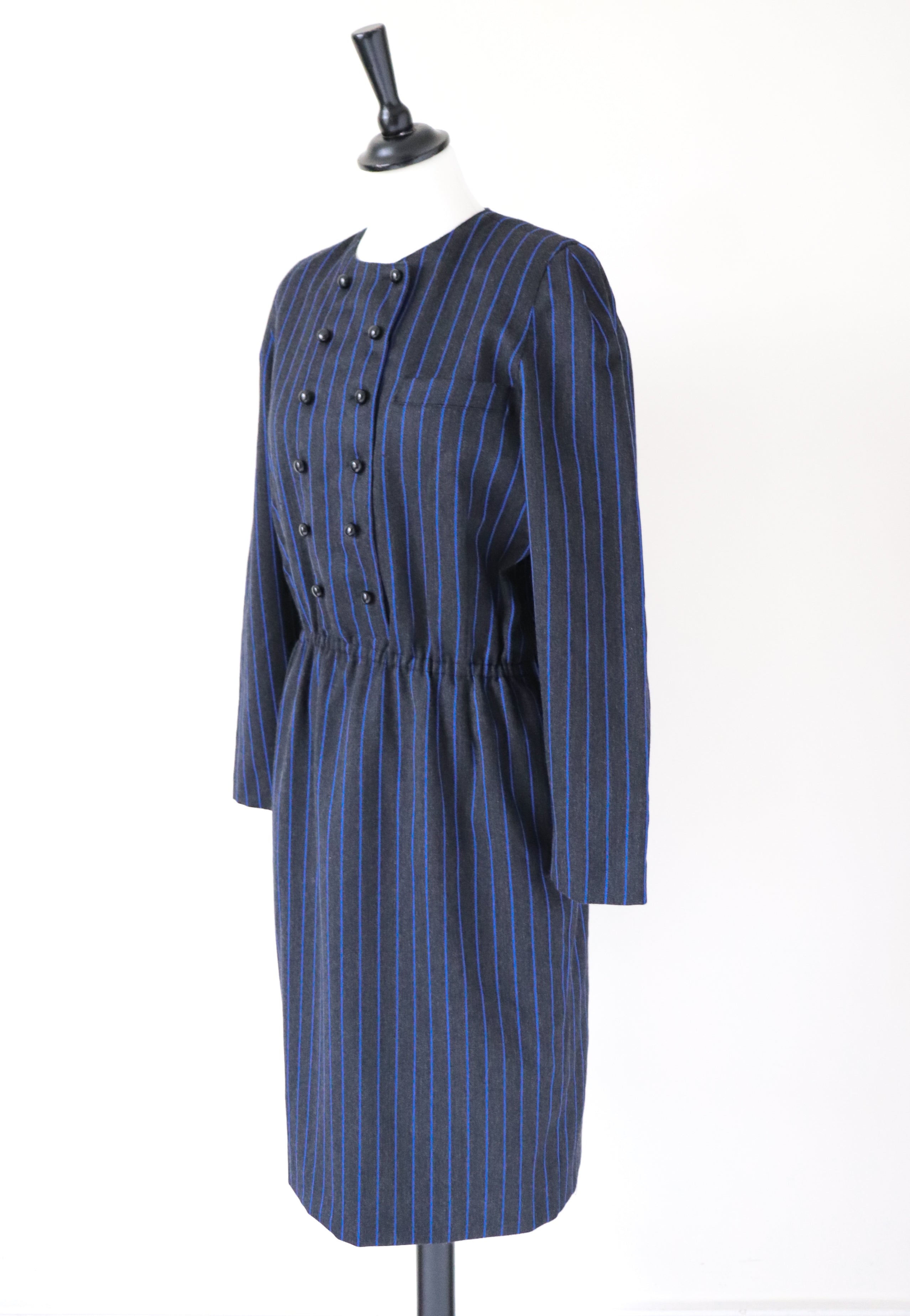 Elastic Waist Vintage Dress - Long Sleeve - 1980s - Grey Blue Pinstripe - M / UK 12