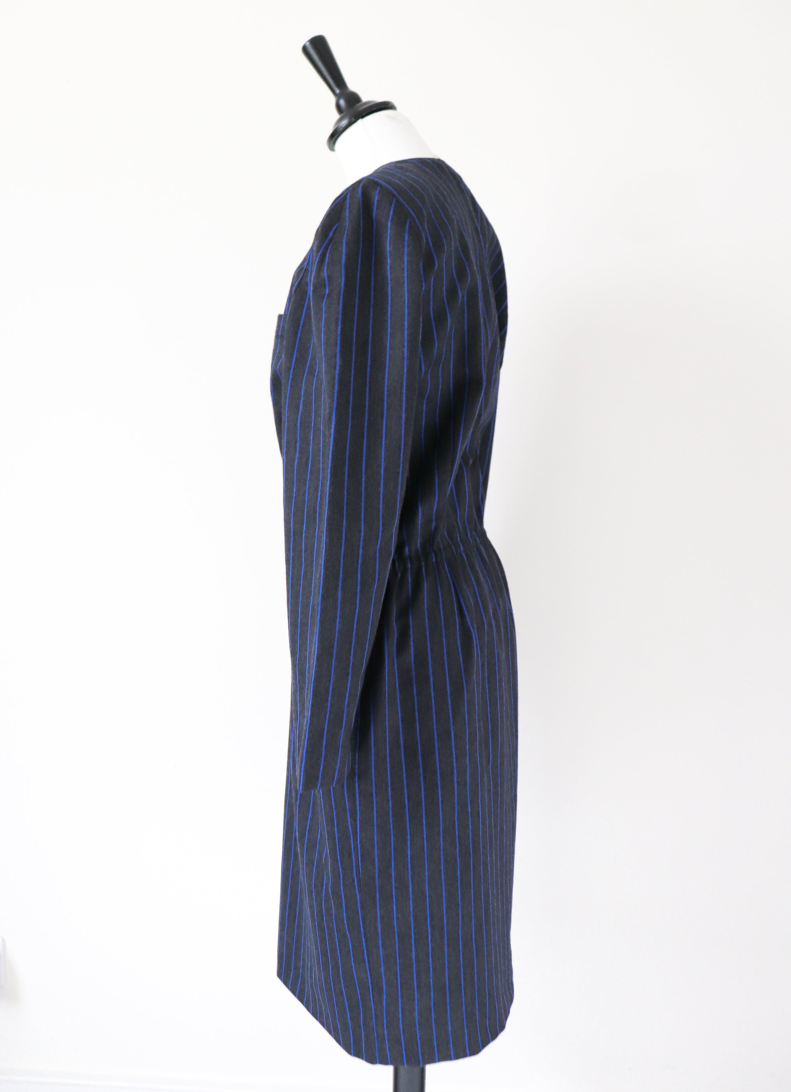 Elastic Waist Vintage Dress - Long Sleeve - 1980s - Grey Blue Pinstripe - M / UK 12