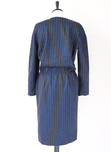 Elastic Waist Vintage Dress - Long Sleeve - 1980s - Grey Blue Pinstripe - M / UK 12