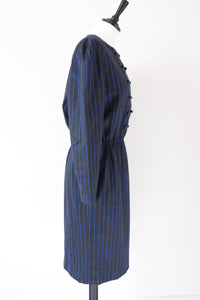 Elastic Waist Vintage Dress - Long Sleeve - 1980s - Grey Blue Pinstripe - M / UK 12