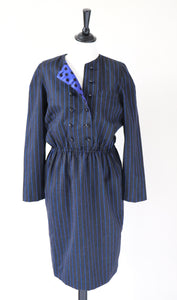 Elastic Waist Vintage Dress - Long Sleeve - 1980s - Grey Blue Pinstripe - M / UK 12