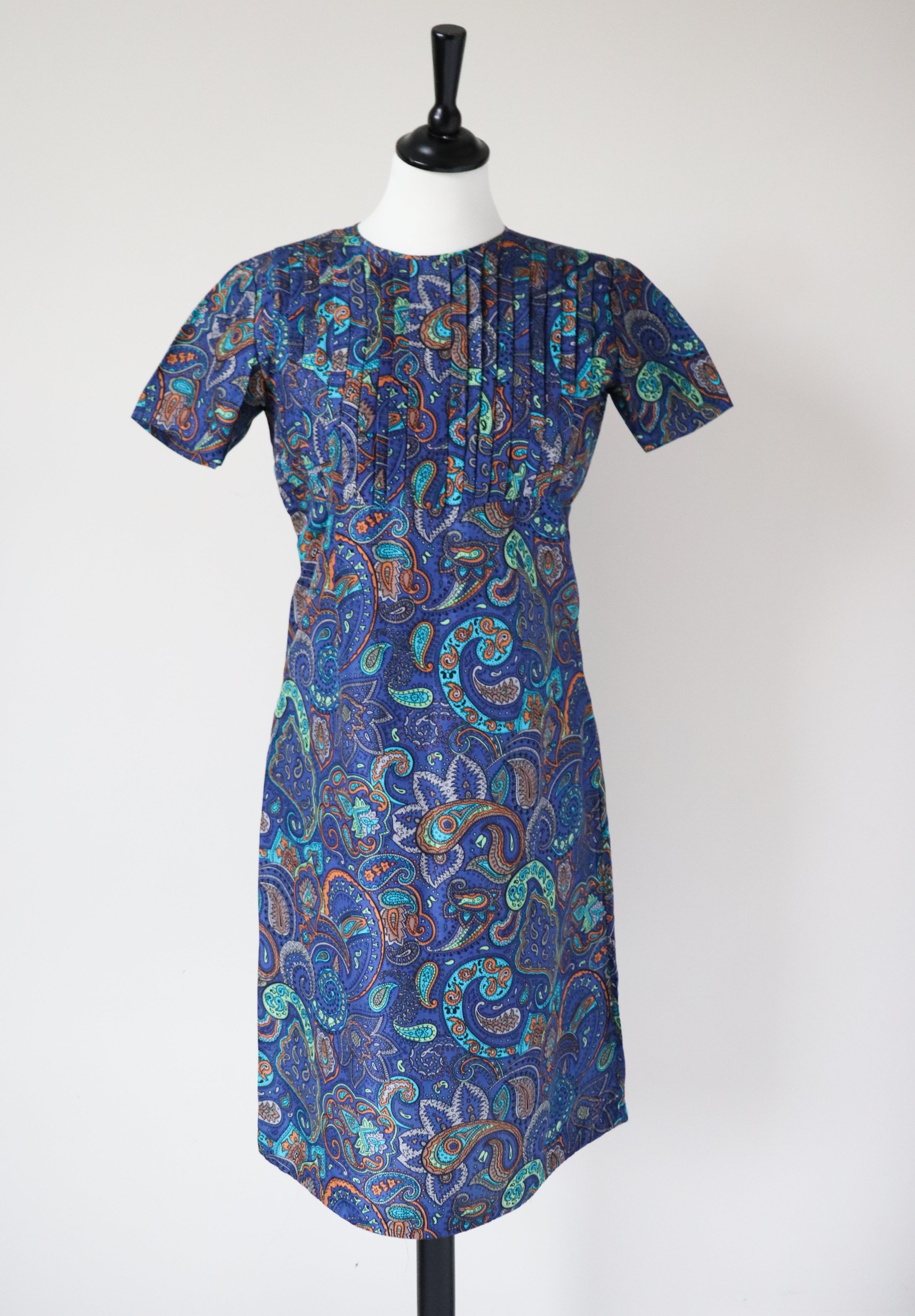 Vintage 1960s Dress - Empire Waist - Blue Paisley - XS / S - UK 8 / 10